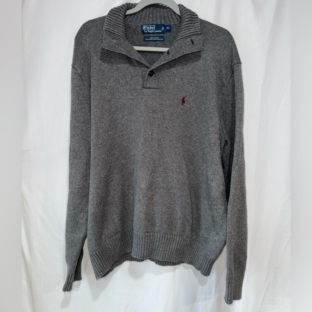 Polo Ralph Lauren Mens Gray Long Sleeve Sweater Three Button Collar Size XL